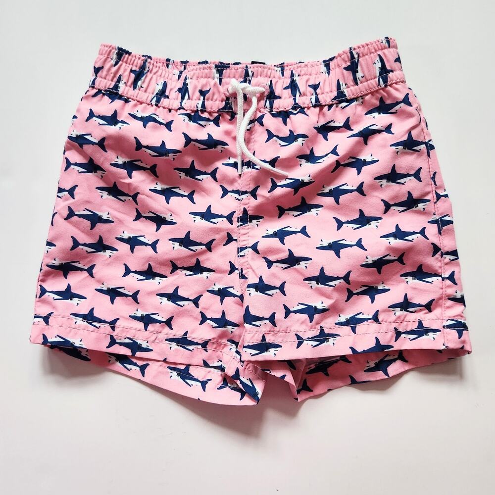 Janie and Jack Pink Swim Trunks with Navy Shark Print